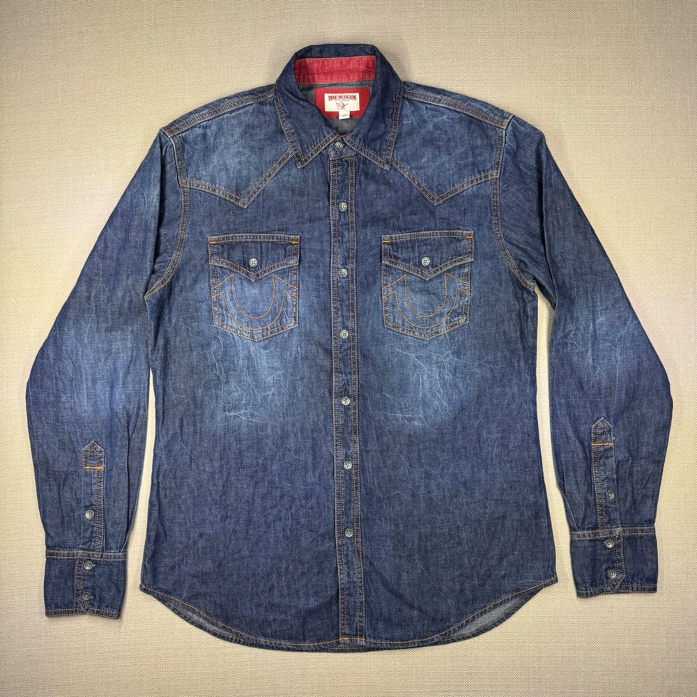True Religion Mens LS Western Denim Button Down Shirt Blue Red Trim Large